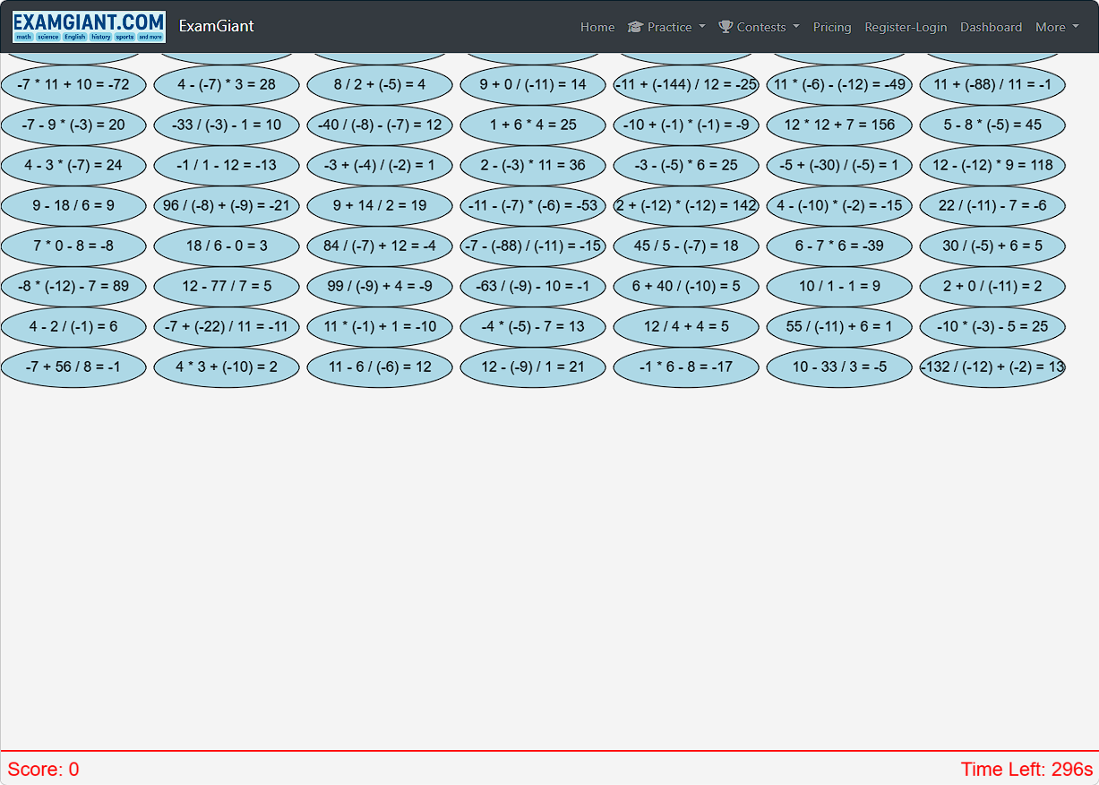 Preview of the math challenge with timed arithmetic questions